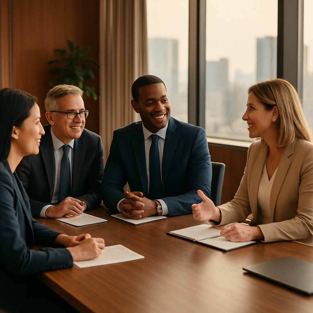 A team of advisors collaborating in an elegant modern boardroom