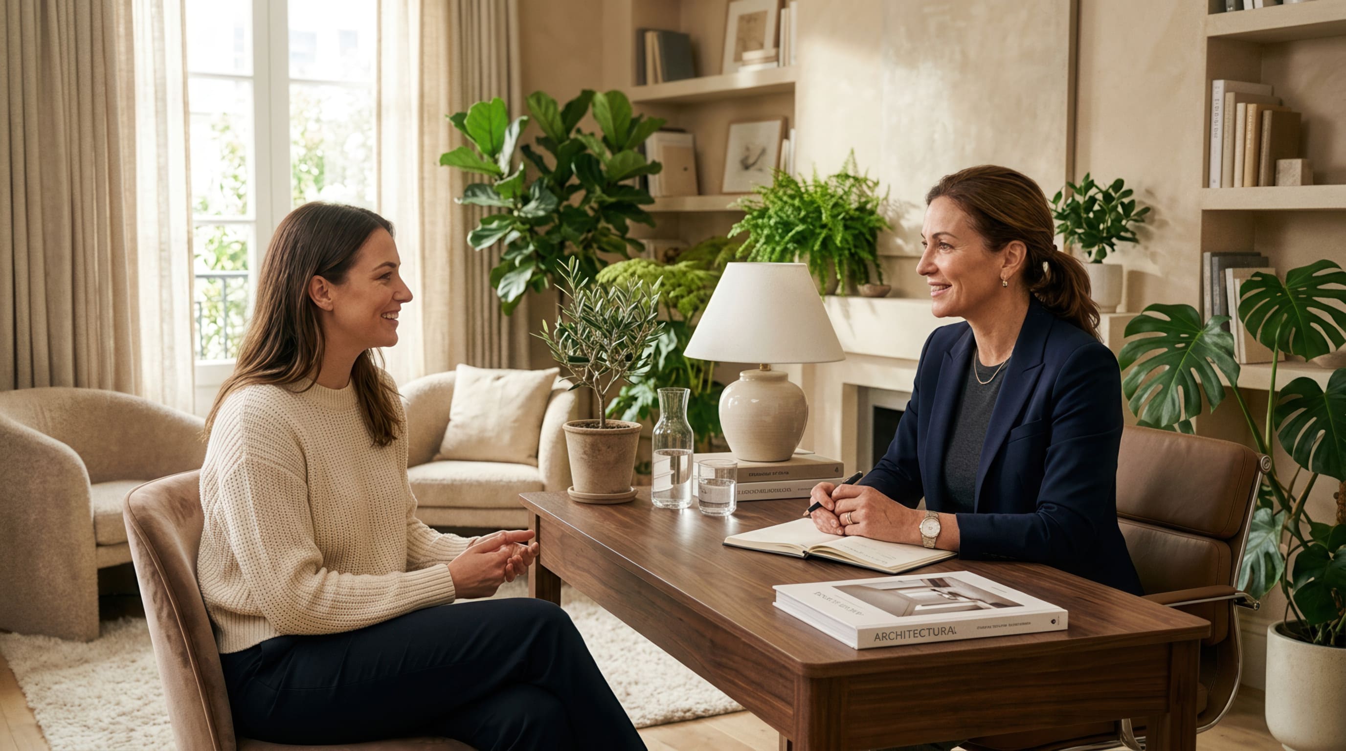 A private banking advisor in conversation with a client in an elegant living room